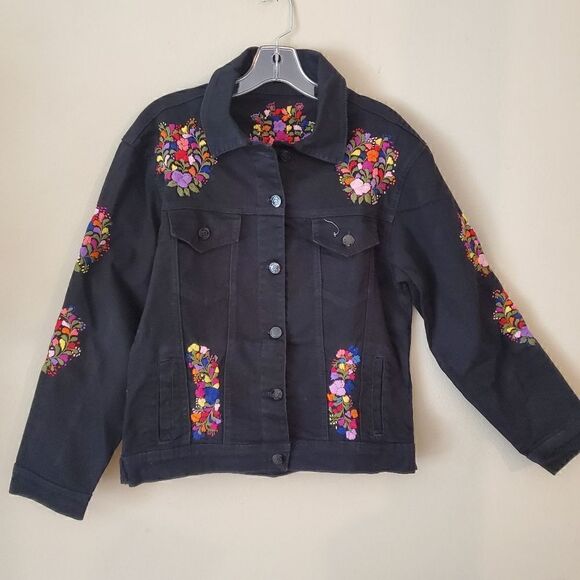 Women's Embroidered Denim Jacket Black Size Medium Western Art To Wear - Picture 9 of 9